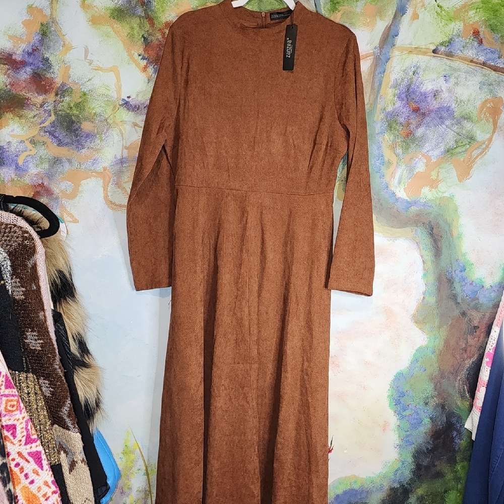 Zanzea Brown Mock Neck Long Sleeve Sheath Dress